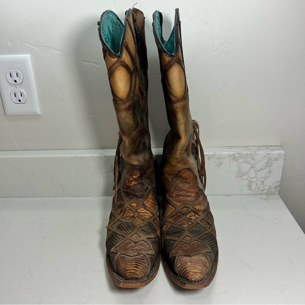 Women’s Corral Honey Lizard Laser Overlay and Lace Up Boots 9M Snip Toe Zip - Picture 4 of 12